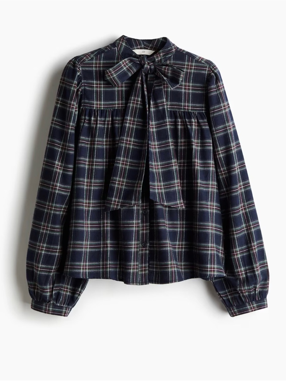 H&M Navy Blue Checked TIE-NECK COTTON BLOUSE medium EUC